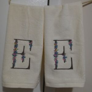 2 White Cotton Hand Towels with  Multicolor Flowers Embroidery Brown Monogram E